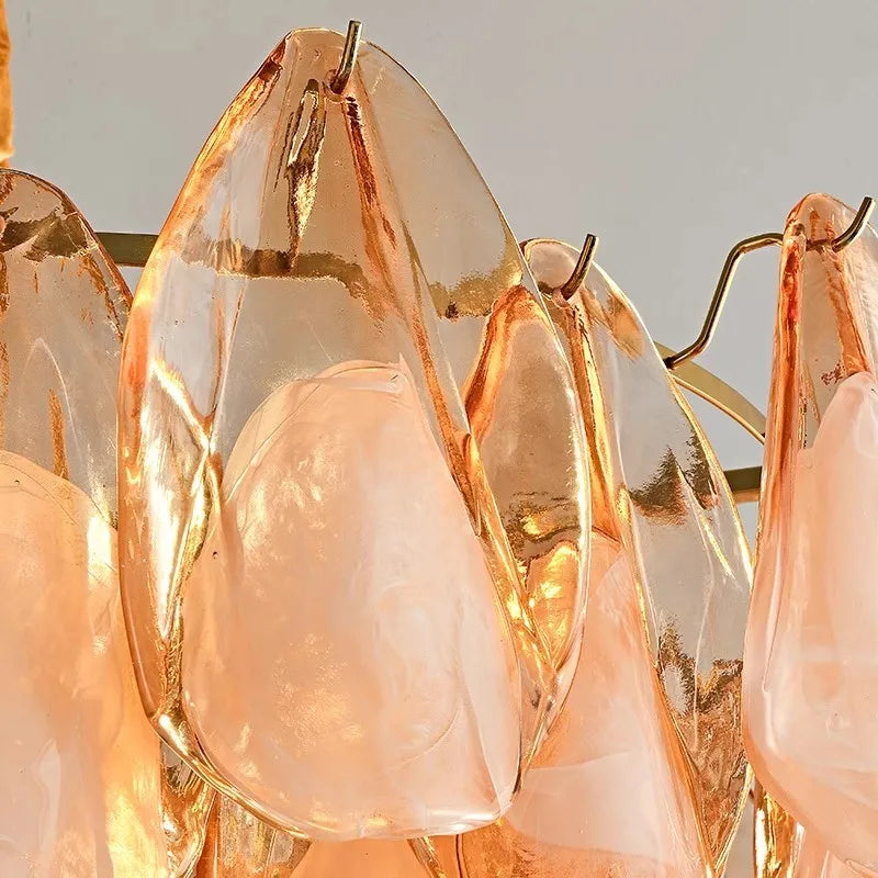 Frosted Peach Glass Tiered Petal Chandelier, 600 Frame Size, Layered Ruffled Shades, Brass Rope Wrapped Stem, Dining and Living Room