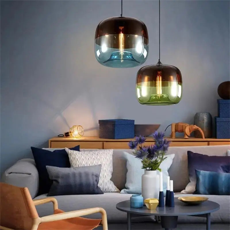 Amber to Green Ombre Glass Drum Pendant Light, Graduated Glass Tone, Exposed Bulb, Dining Table & Kitchen Island