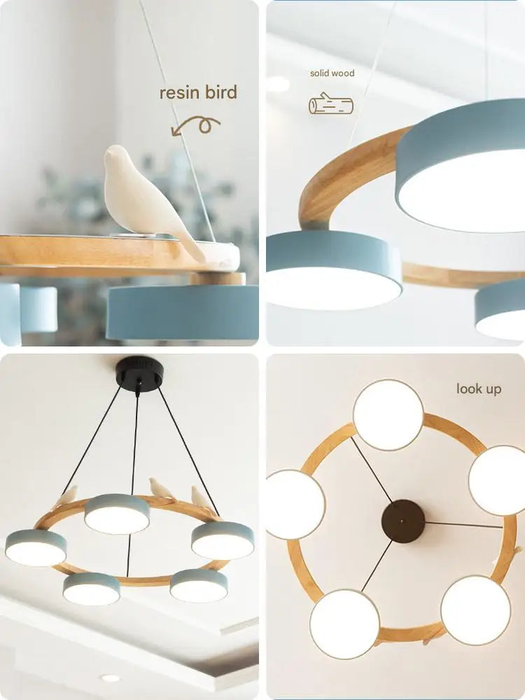 Textured Wood Ring Chandelier, 4 Blue Drum Shades, Resin Bird Detail, Natural Finish, Dining Room & Living Room