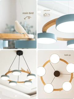 Textured Wood Ring Chandelier, 4 Blue Drum Shades, Resin Bird Detail, Natural Finish, Dining Room & Living Room