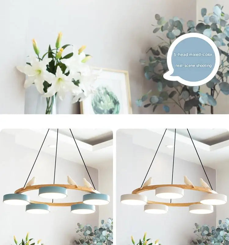 Textured Wood Ring Chandelier, 5 White Drum Shades, Resin Bird Detail, Natural Finish, Dining Room & Living Room
