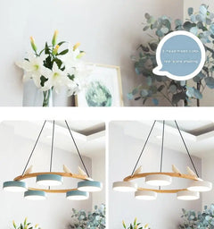 Textured Wood Ring Chandelier, 5 White Drum Shades, Resin Bird Detail, Natural Finish, Dining Room & Living Room