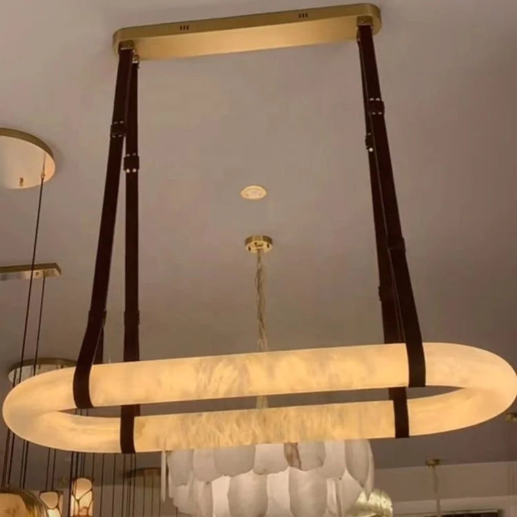 Alabaster Ring Chandelier, 100cm Oval in Natural Stone on Tan Leather Straps, Brass Canopy, Dining Table & Living Room