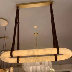 Alabaster Ring Chandelier, 100cm Oval in Natural Stone on Tan Leather Straps, Brass Canopy, Dining Table & Living Room