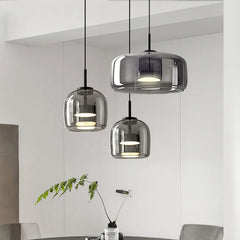 Amber Glass Drum Pendant Light, 23cm Shade, Brushed Brass Ring Fitting, Cord Suspended, Dining Table & Kitchen Island