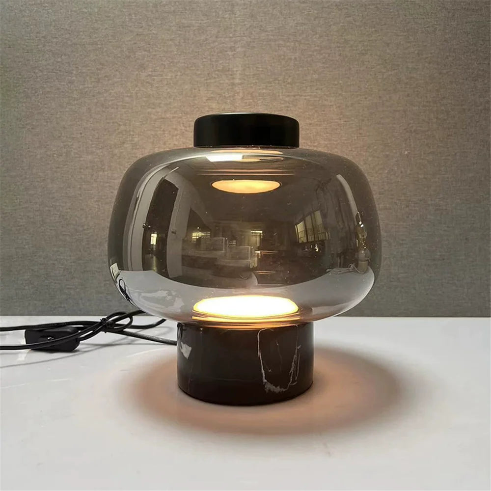 Smoked Glass Dome Table Lamp, Puffed Bubble Shade on a White Marble Base, Black Cap Top, Living Room and Bedside