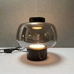 Smoked Glass Dome Table Lamp, Puffed Bubble Shade on a White Marble Base, Black Cap Top, Living Room and Bedside