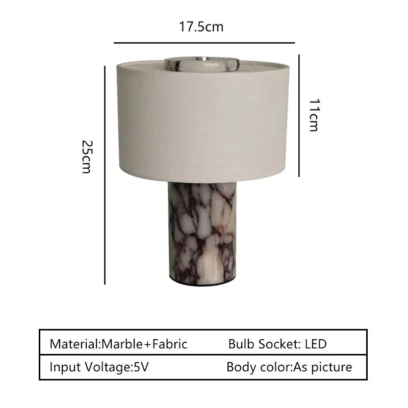 Polished Glass Cylinder Table Lamp in a Marbled Green Finish, Oatmeal Linen Drum Shade, Bedside & Living Room