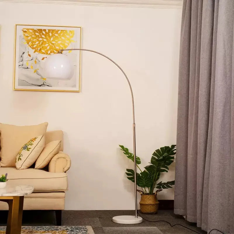 Glazed Amber Glass Dome Arc Floor Lamp, Polished Chrome Curved Pole, Round Marble Base, Living Room & Reading Corner