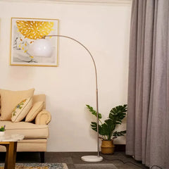 Glazed Amber Glass Dome Arc Floor Lamp, Polished Chrome Curved Pole, Round Marble Base, Living Room & Reading Corner