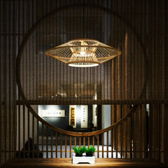 Woven Bamboo Disc Pendant Light in Gold, Wide Lantern Silhouette, Crisscross Weave, Dining Room, Living Room & Hallway