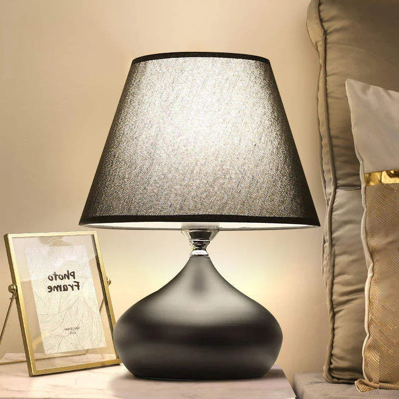 Teardrop Black Ceramic Table Lamp, Matt Rounded Base with a Charcoal Drum Shade, Bedside Table and Living Room