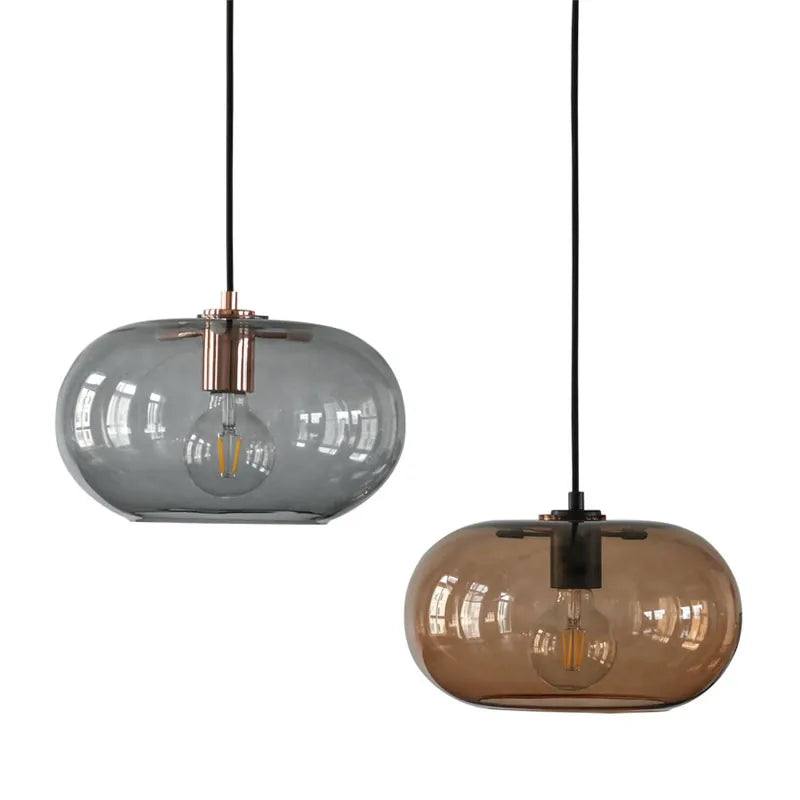 Smoked Brown Glass Ellipse Pendant Light, Rounded Drum on a Copper Cap, Bulb Not Included, Dining Table & Living Room