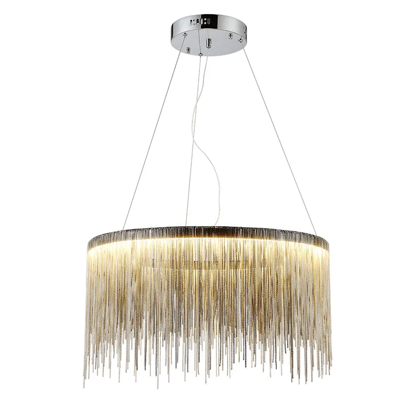 Silver Chain Fringe Tiered Chandelier, Large Two Tier Cascade over a Silver Drum Frame, Dining Room and Living Room