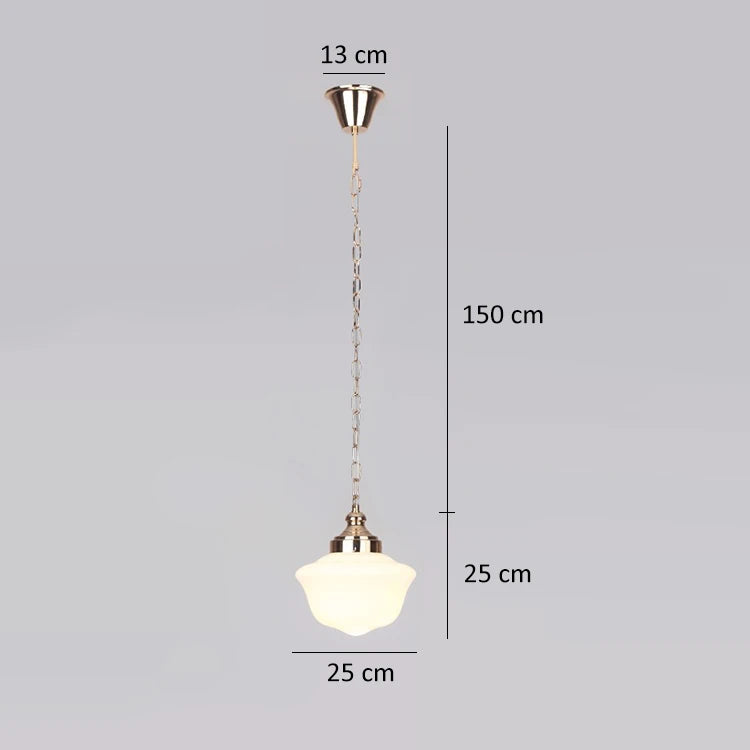 Opal Glass Schoolhouse Bell Pendant Light, Polished Gold Fitting and Chain, Hallway, Kitchen Island & Landing