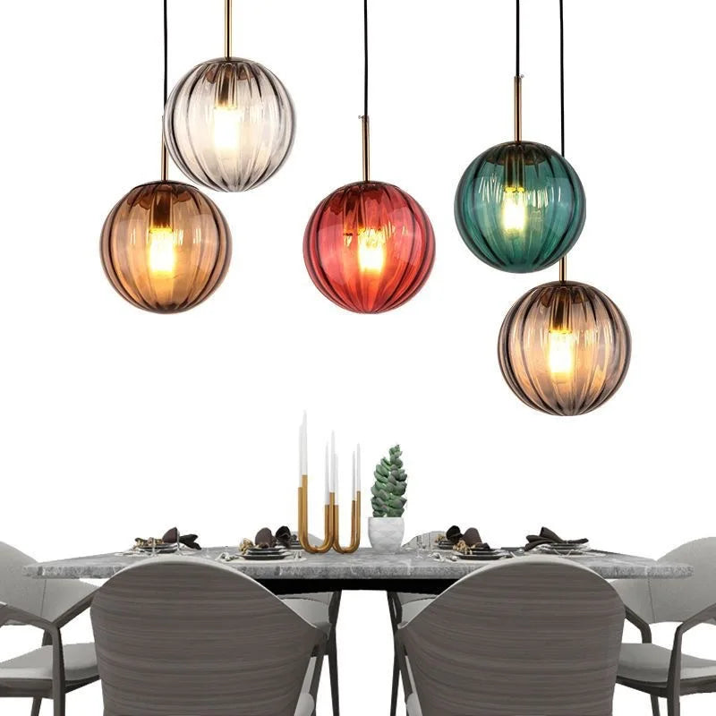 Fluted Glass Globe Pendant Light, Sky Blue Embossed Finish on a Brass Cap, Bulb Not Included, Dining Table & Living Room