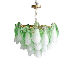 Frosted Peach Glass Tiered Petal Chandelier, 600 Frame Size, Layered Ruffled Shades, Brass Rope Wrapped Stem, Dining and Living Room