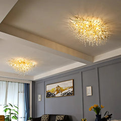 Gold Branch Crystal Leaf Flush Ceiling Light, Faceted Drops on a Starburst Frame, Single Fixed Finish, Dining Table & Living Room