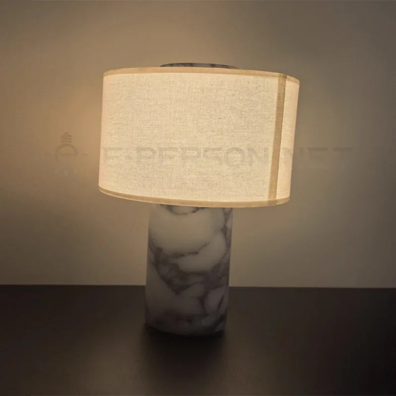 Rosso Levanto Marble Column Table Lamp, Natural Linen Drum Shade, Individually Veined Stone, Living Room, Bedroom & Console