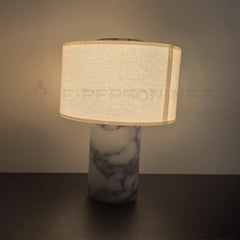 Rosso Levanto Marble Column Table Lamp, Natural Linen Drum Shade, Individually Veined Stone, Living Room, Bedroom & Console