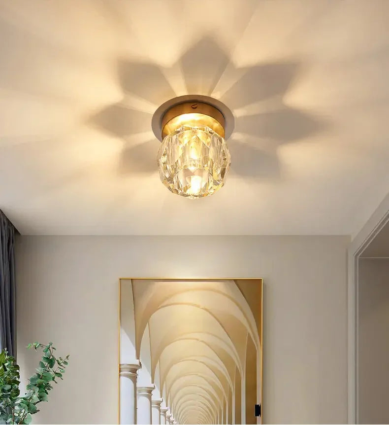 Faceted Crystal Sphere Flush Ceiling Light, Black Finish, Knurled Fixing Collar, Hallway, Landing & Bedroom Corner