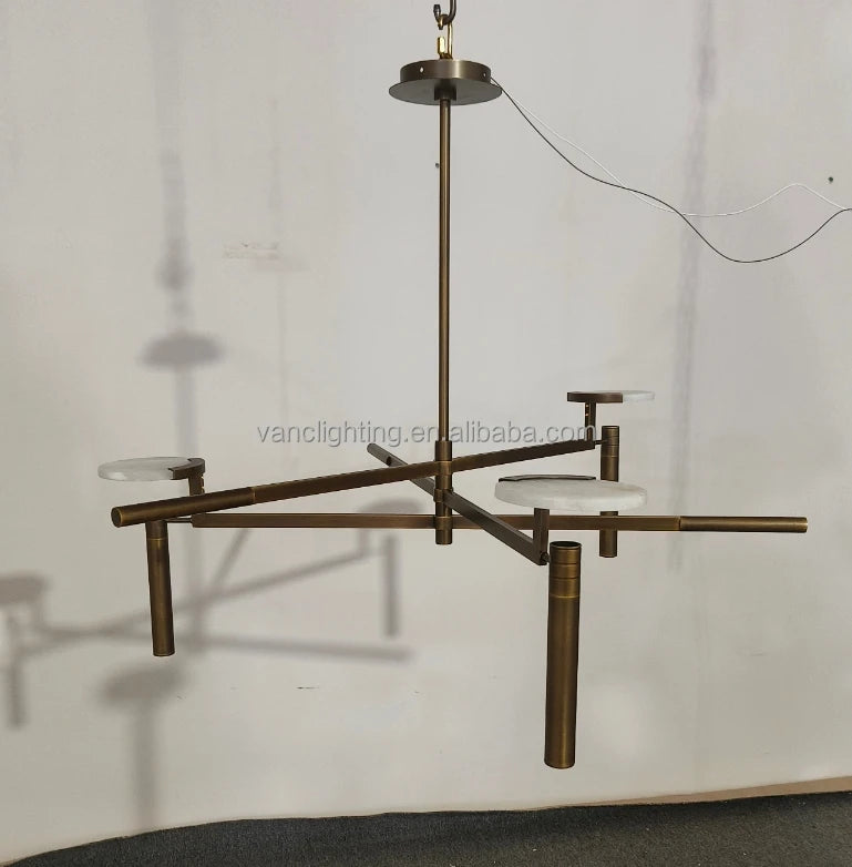 Sculptural Black Branch Chandelier, Crossed Metal Rods with Flat Alabaster Discs, Dining Room and Living Room