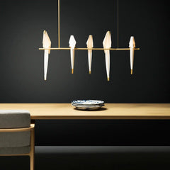 Sculptural Origami Bird Chandelier, 5 Light Faceted White Shades, Integrated LED, Brass Bar Mount, Dining Table & Living Room