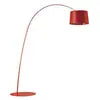 Red Arc Floor Lamp, Plain Drum Shade on a Long Curved Steel Pole, Reading Corner and Living Room Sofa Side Table