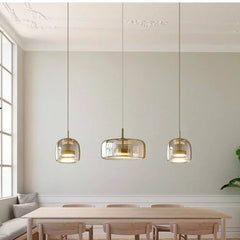 Amber Glass Drum Pendant Light, 23cm Shade, Brushed Brass Ring Fitting, Cord Suspended, Dining Table & Kitchen Island