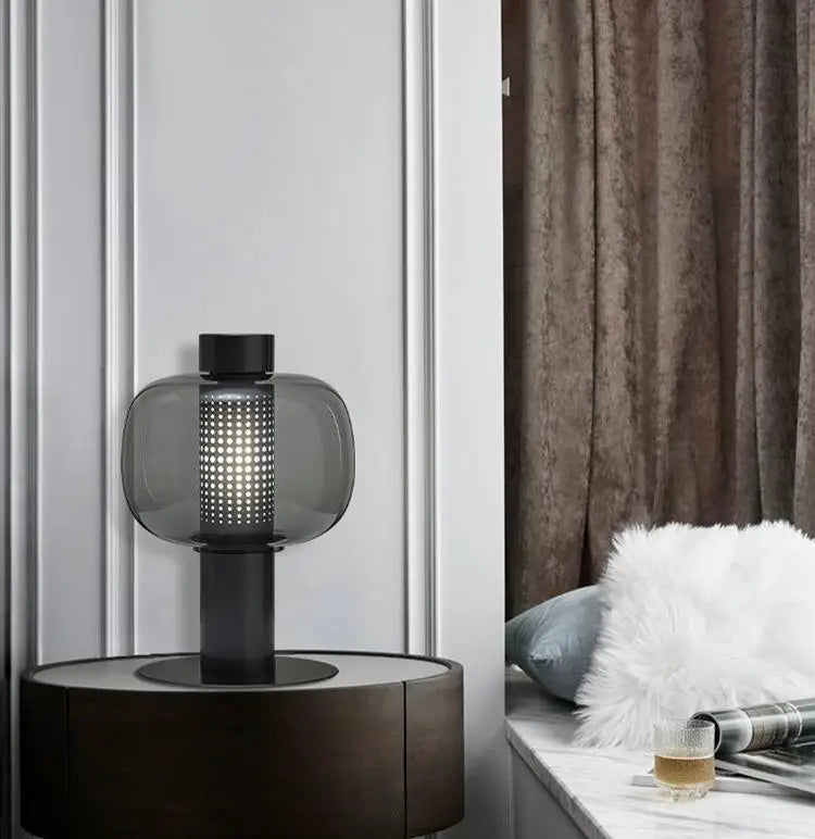 Smoked Glass Drum Table Lamp, Perforated Metal Diffuser, Slim Column Base, Living Room, Home Office & Bedside