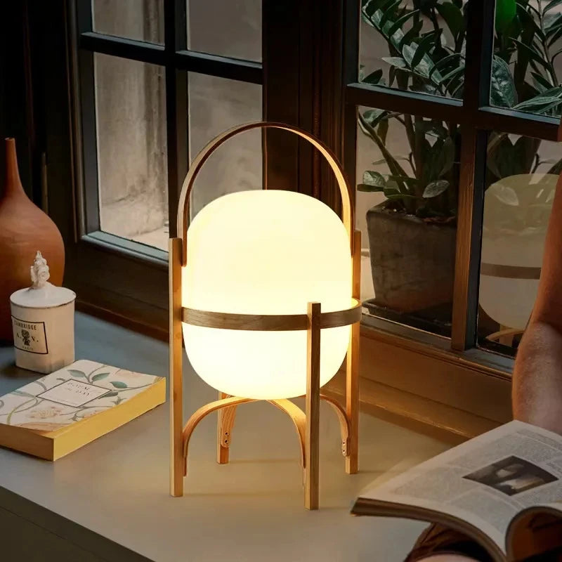 Bent Peach Frame Lantern Floor Lamp, Opal Glass Shade, Curved Carry Handle, Splayed Tripod Legs, Living Room & Bedroom