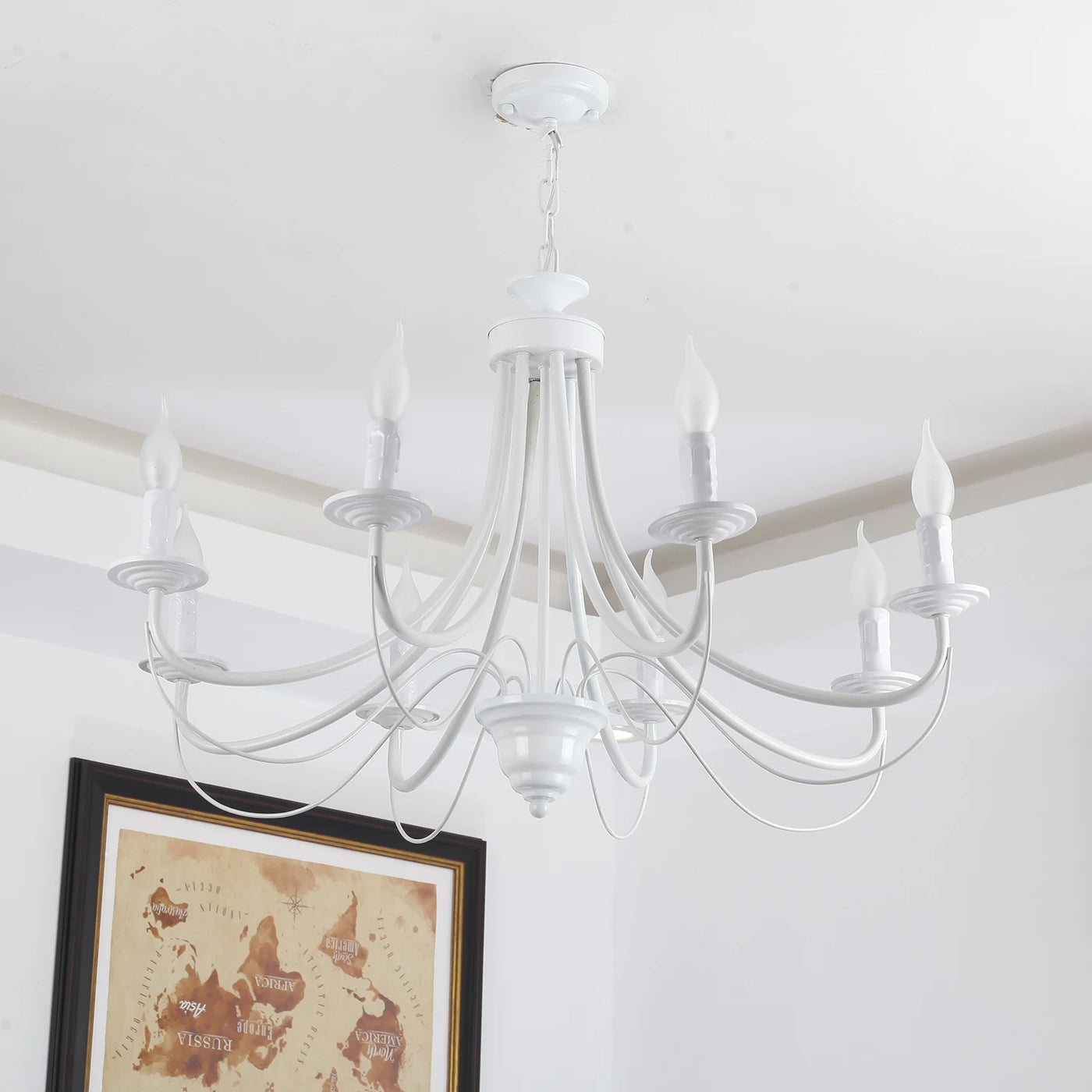Curved Branch Iron Chandelier, 8 Light Candle Style Arms, White Finish, 73x73x108cm, Traditional Style, Dining Room & Hallway