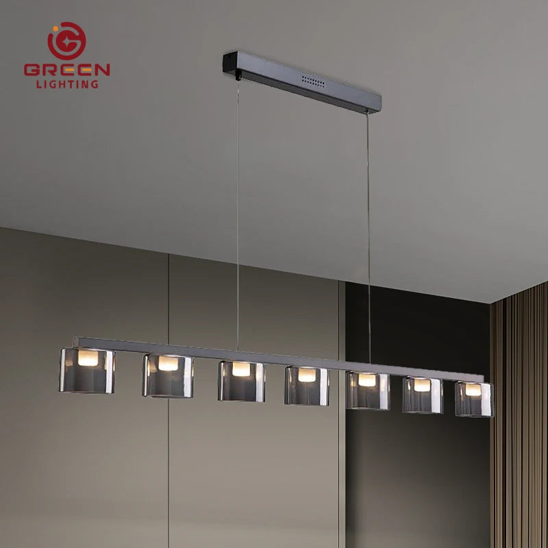Smoked Glass Bell Cluster Pendant Light, Tapered Shades on a Black Linear Bar, Dining Room, Kitchen Island & Living Room