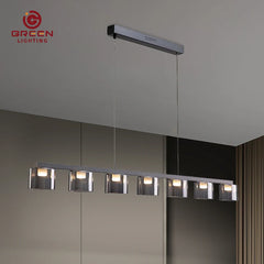 Smoked Glass Bell Cluster Pendant Light, Tapered Shades on a Black Linear Bar, Dining Room, Kitchen Island & Living Room