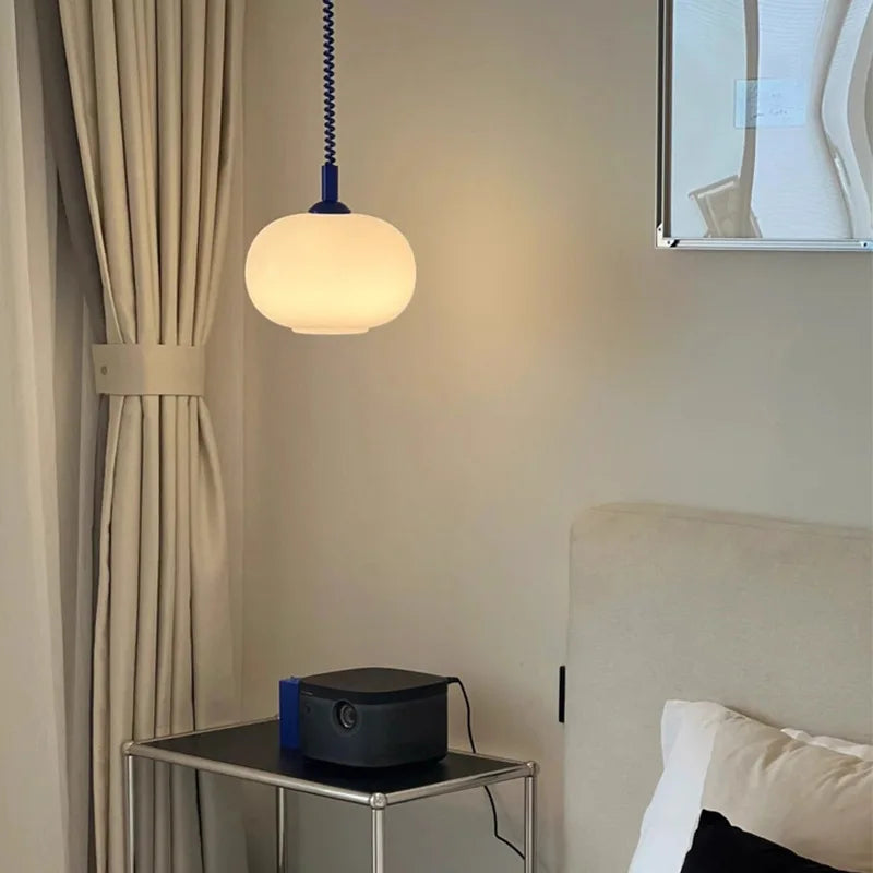 White Opal Glass Ellipse Pendant Light, Red Cord Cap, Twisted Flex, Kitchen Island, Dining Table & Stairwell