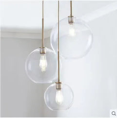 Clear Glass Cluster Pendant Light, 3 Globe Shades, Brushed Brass Fittings, 25cm, Staggered Drops, Dining Table and Kitchen