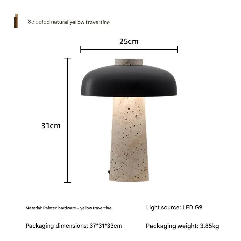 Natural Travertine Mushroom Table Lamp, White Metal Dome Cap, Tapered Stone Column, Living Room, Study & Bedside