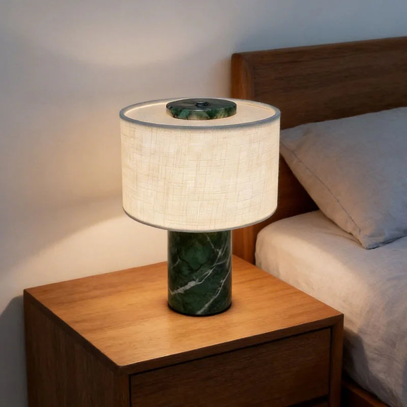 Polished Glass Cylinder Table Lamp in a Marbled Green Finish, Oatmeal Linen Drum Shade, Bedside & Living Room