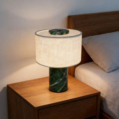Polished Glass Cylinder Table Lamp in a Marbled Green Finish, Oatmeal Linen Drum Shade, Bedside & Living Room
