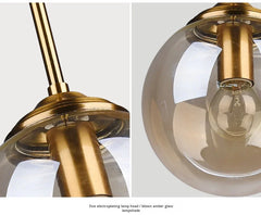 Five-Head Glass Globe Pendant Light in Amber, Brass Stem, Staggered Cluster, Bulb Not Included, Dining Table & Kitchen Island