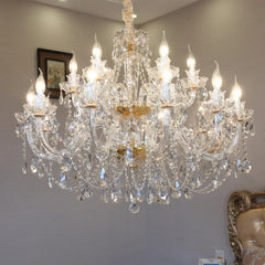 Clear Glass Candelabra Chandelier, 18 Lights, Gold Accents, 65cm Height, Layered Crystal Drops, Formal Dining Room & Stairwell