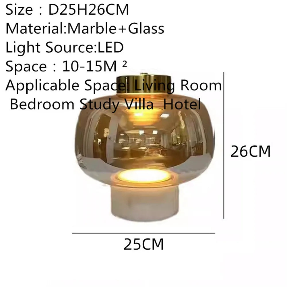 Smoked Glass Dome Table Lamp, Puffed Bubble Shade on a White Marble Base, Black Cap Top, Living Room and Bedside