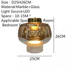 Smoked Glass Dome Table Lamp, Puffed Bubble Shade on a White Marble Base, Black Cap Top, Living Room and Bedside