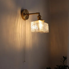 Fluted Glass Bell Wall Light, Clear Finish, Brushed Brass Gooseneck Arm, Pull Cord Switch, Bedroom, Hallway & Living Room