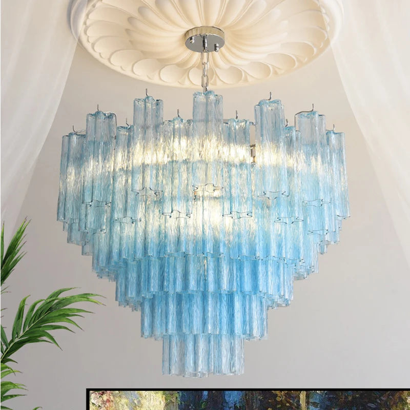 Fluted Glass Tiered Chandelier, Navy Finish, Chrome Chain Suspension, 80cm Drop, Bulb Not Included, Dining Room & Living Room