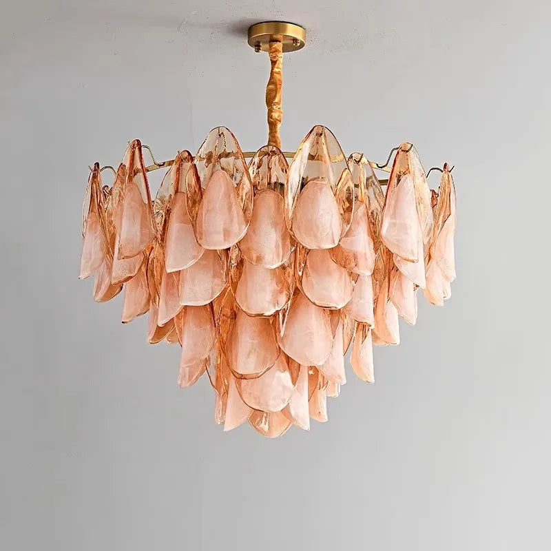 Frosted Peach Glass Tiered Petal Chandelier, 600 Frame Size, Layered Ruffled Shades, Brass Rope Wrapped Stem, Dining and Living Room