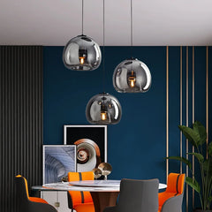Smoked Amber Glass Globe Cluster Pendant Light, 3 Ombre Spheres on Individual Cables, Dining Table & Kitchen Island