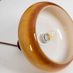 Fluted Amber Glass 28cm Ellipse Pendant Light, Turned Wood Neck with Brass Detail, Braided Cable Suspension, Kitchen Island & Dining Table