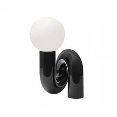 Sculptural Pink Curved Table Lamp with an Opal Glass Sphere Shade, Glossy Lacquer Finish, Console & Living Room