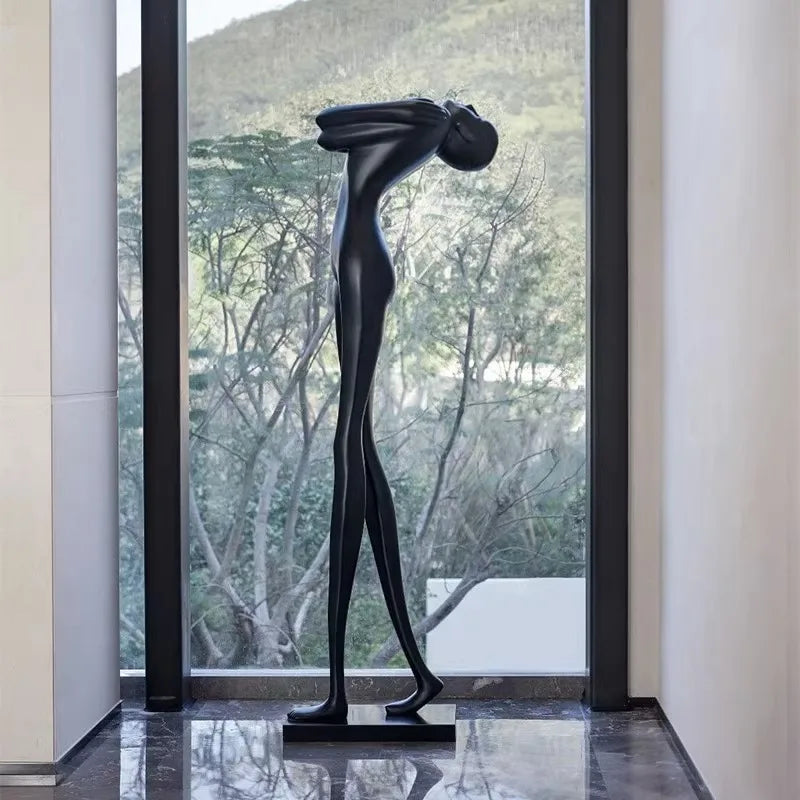 Matt Black Resin Figure Floor Lamp, 185cm Bowed Standing Form, Integrated Sphere Light, Living Room & Hallway Corner